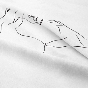 Close-up of minimalist black line art print on premium white brushed fabric texture