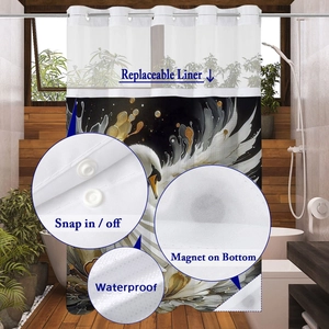 Detail of waterproof fabric shower curtain featuring snap-in liner and magnetic weighted hem