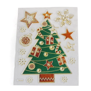 Christmas tree window sticker set with glitter finish and golden outlines for holiday decor