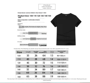 Size chart for kids sports T-shirt set with detailed measurements and fit guide