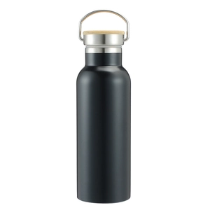Matte black stainless steel insulated bottle with bamboo lid and metal handle for hiking