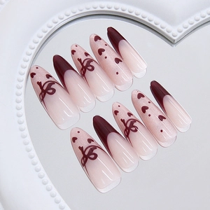 Press On Nails Long Almond Cat Eye French Tip ABS Plastic With Bow Heart Design Elegant For Women