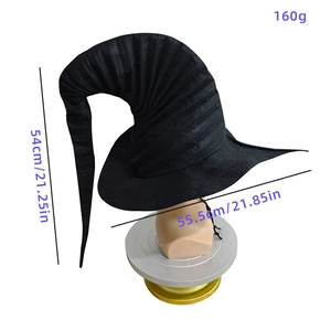 Detail view of black pleated witch hat with 54cm height and 55.5cm width dimensions