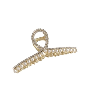 Pince à cheveux élégante en métal doré avec perles et strass pour femmes