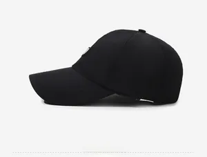 Side view of lightweight quick-dry black baseball cap with triple-stitched brim detail