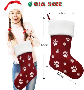 Detailed dimensions for big size red Christmas stocking with paw and snowflake embroidery