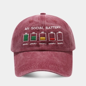 Vintage washed red cotton baseball cap with My Social Battery creative embroidery