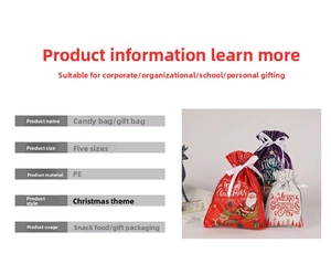 Detailed view of Christmas PE drawstring gift bags with Santa and reindeer patterns
