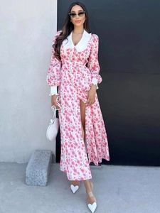 Pink floral maxi dress with white peter pan collar and long sleeves for a sweet elegant look