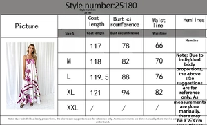 Size chart showing measurements for the square neck floral bohemian maxi dress for women