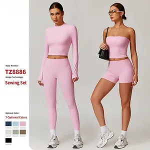 Ensemble de Fitness Yoga Ajusté pour Femmes Taille Haute Pantalon Évasé Tissu Gratté Crop Top Manches Longues Sport