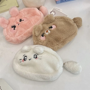 Cute plush animal pencil cases in pink, brown, and white with cartoon embroidery