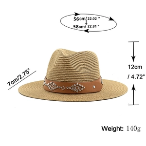 Western straw cowboy hat with studded leather band and size measurements display