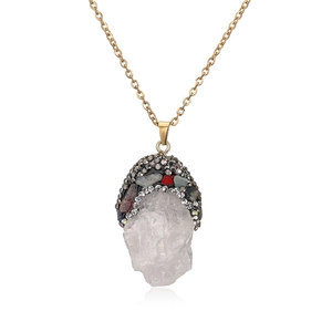 Bohemian natural white crystal pendant necklace with colorful rhinestone inlay on gold chain