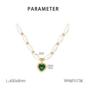 Detailed dimension guide of heart pendant necklace with shell beads and green glass
