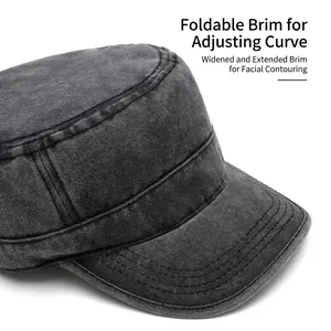 Men's vintage washed dark grey cotton flat top military cap with wide foldable brim