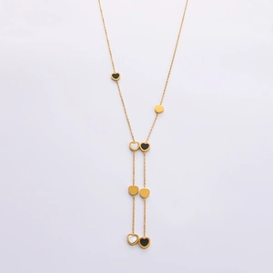 18k gold plated stainless steel heart necklace with black and pearl white charms