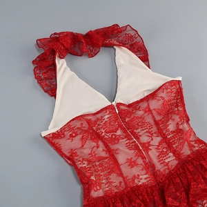 Detail of red lace dress showing ruffle edges and back zipper on neutral background