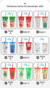 Detail showing 710ml Christmas cold-sensing color changing cups with lids and straws