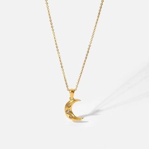 18K gold plated stainless steel necklace with crescent moon pendant and three zircons