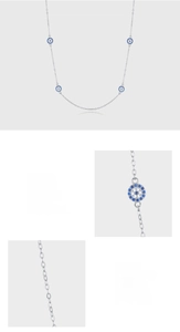 Close-up of S925 sterling silver evil eye necklace with blue and white zircons