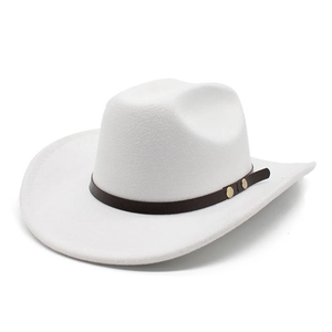 Classic white wool felt fedora hat with dark brown leather band and gold buckles for unisex