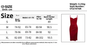 Size chart table for the vintage red side slit camisole midi dress showing measurements