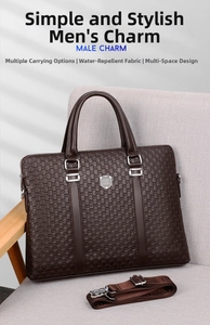Detail of dark brown leather business briefcase with interlocking geometric embossing