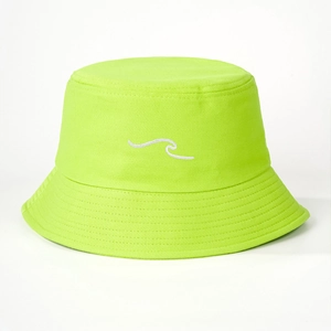 Detail of neon green bucket hat featuring white wave embroidery on twill cotton fabric