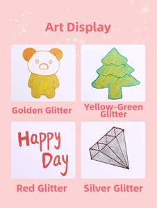 Artistic drawing effect of metallic glitter pens in gold, green, red, and silver colors