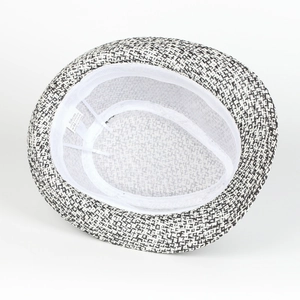 Detail view of woven paper straw hat interior with adjustable strap and 58cm sweatband