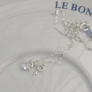 Close-up of S925 sterling silver heart zircon and skull key charms on a necklace