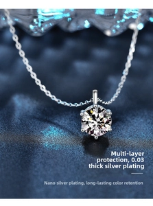 Detail of six-prong moissanite pendant with 0.03mm silver-plated chain and high luster