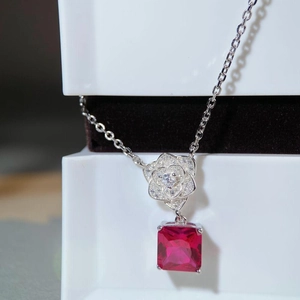 S925 Sterling Silver Camellia Necklace with Square Red Ruby and Floral Diamond Pendant