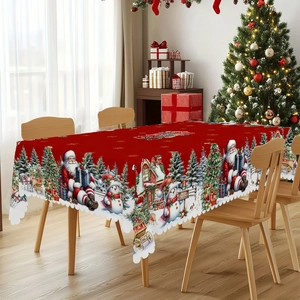 Christmas Tablecloth Polyester Holiday Dinner Party Decor Santa Snowman Snowflake Pattern Reusable Wrinkle Resistant Red