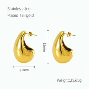 Detailed view of 18K gold plated teardrop earrings with 32mm by 21mm size specifications
