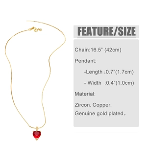 Détails du pendentif coeur en zircon rouge avec dimensions et chaîne de 42 cm de long