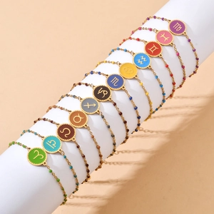 Stainless Steel Zodiac Bracelet For Women Colorful Enamel Twelve Constellation Round Charm Adjustable Trendy Jewelry