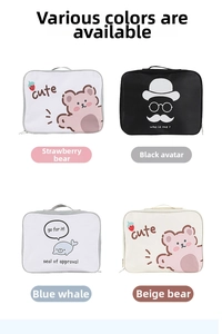 Detail showing four portable travel bags with cute cartoon patterns and top handles