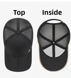 Detailed views of black mesh baseball cap showing breathable top and interior structure