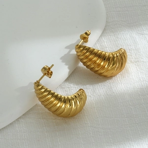 Croissant Stud Earrings Stainless Steel 18K Gold Plated Ribbed Texture Vintage Chunky Jewelry For Women