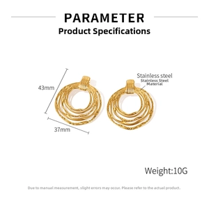 Detailed specs of tiered gold stainless steel hoop earrings size 43mm by 37mm