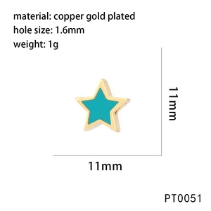 Detailed size and specs for a gold plated copper star charm with blue enamel inlay