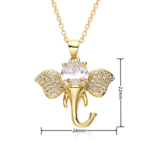 Detail view of gold-plated elephant pendant with dimensions 22mm by 24mm and white zircons