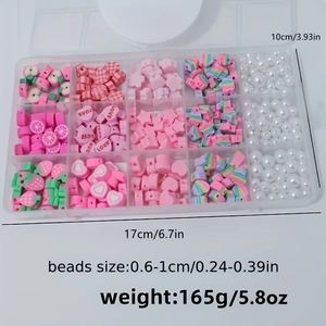 Pink DIY bead kit with 15 compartments featuring heart, fruit, and rainbow clay beads