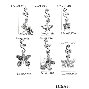 Silver butterfly dreadlock hair rings with size measurements and detailed dimensions set