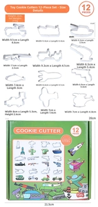Detailed size specifications for 12-piece stainless steel toy vehicle cookie cutter set