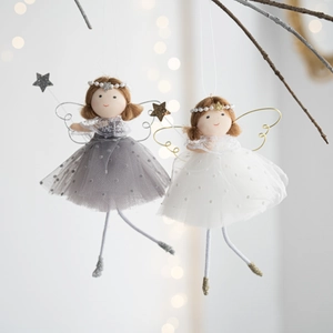 Pink and white Christmas angel doll tree ornaments with delicate tulle skirts and wings