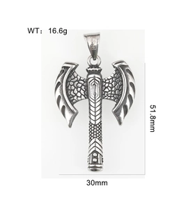 Detailed view of Viking double axe pendant with specific dimensions and weight