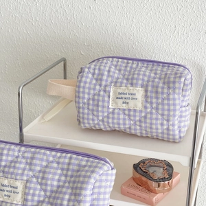 Berry purple checkered quilted cotton makeup bag with large capacity and soft handle
